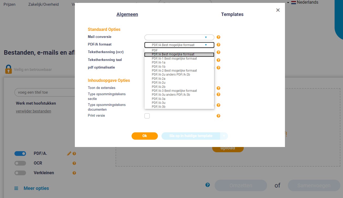 Zet PDF/A aan bij meer opties