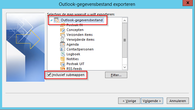 Submappen toevoegen in exporteren PST outlook-gegevensbestand